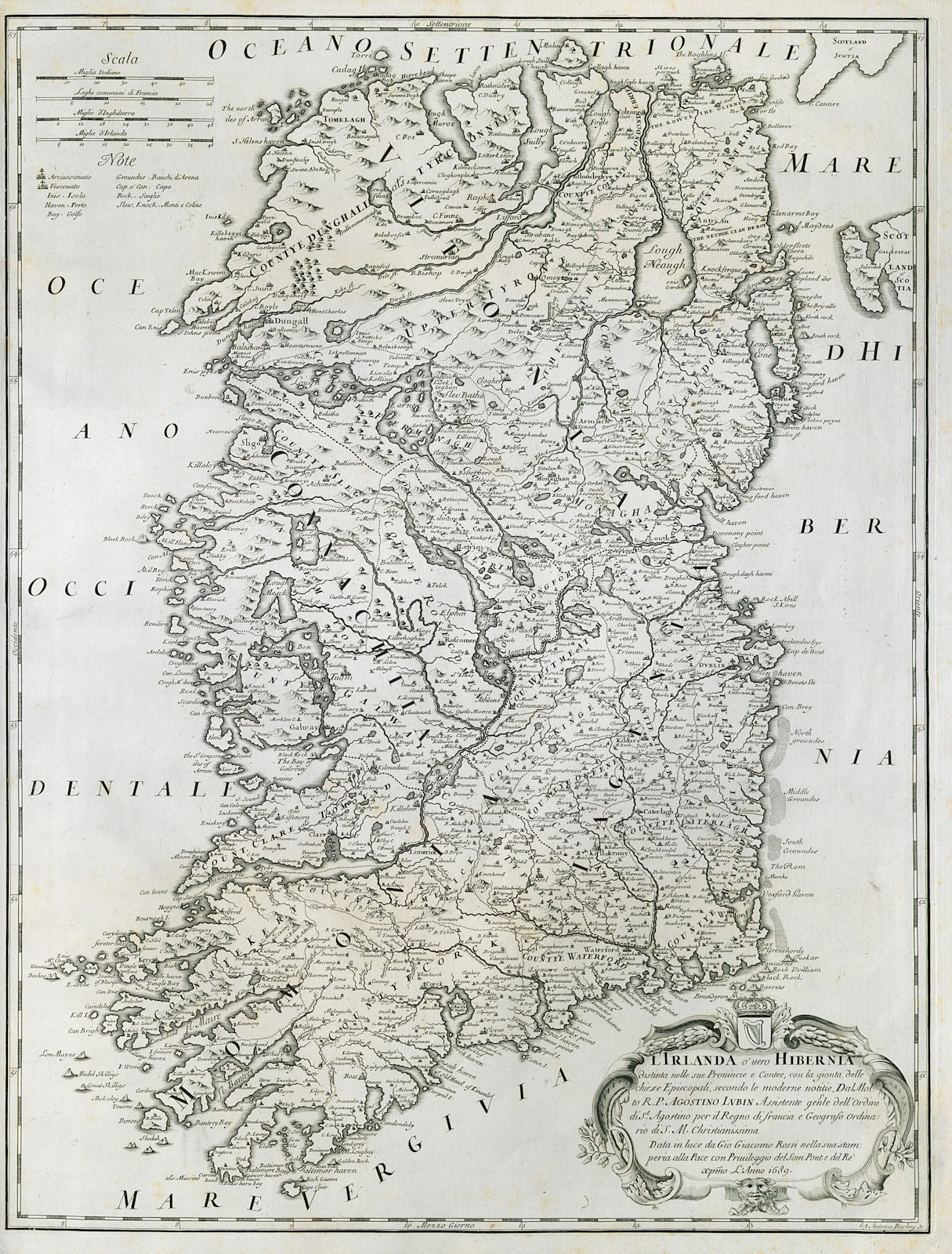 L'Irlanda o'vero Hibernia. Ireland. DE ROSSI 1689 old antique map plan chart